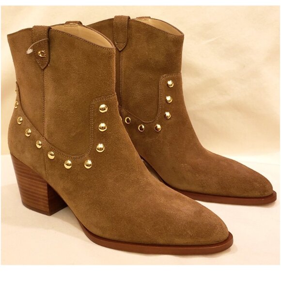 Coach Heeled Gold Studded Ankle Booties Size -9.5B Tan Leather/Suede - Picture 1 of 10